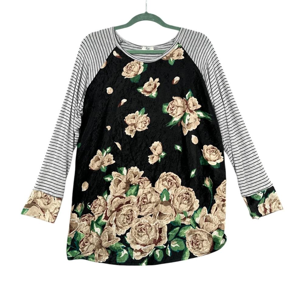 Egs Striped Sleeves Floral Pattern Crew Neck Long Sleeves Raglan‎ Top Women XL